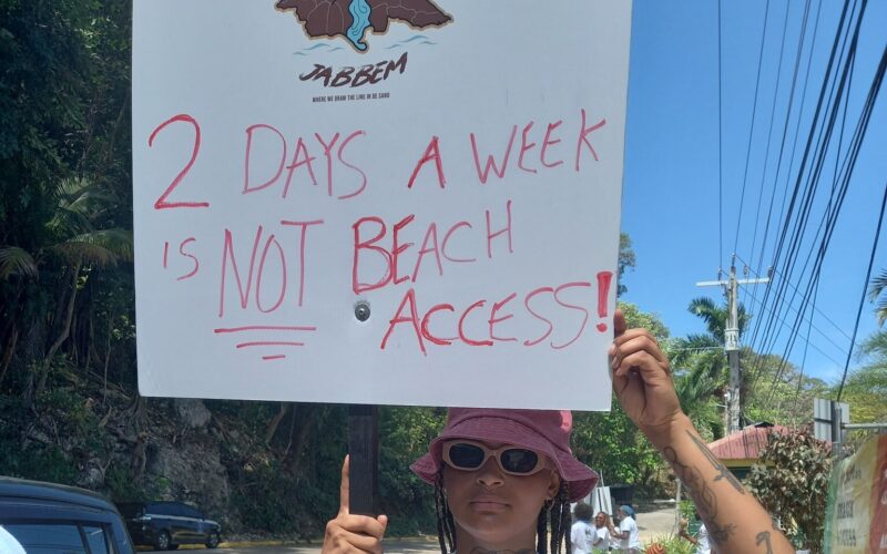 Members of JaBBEM stage peaceful protest outside Little Dunn’s River calling for greater beach access