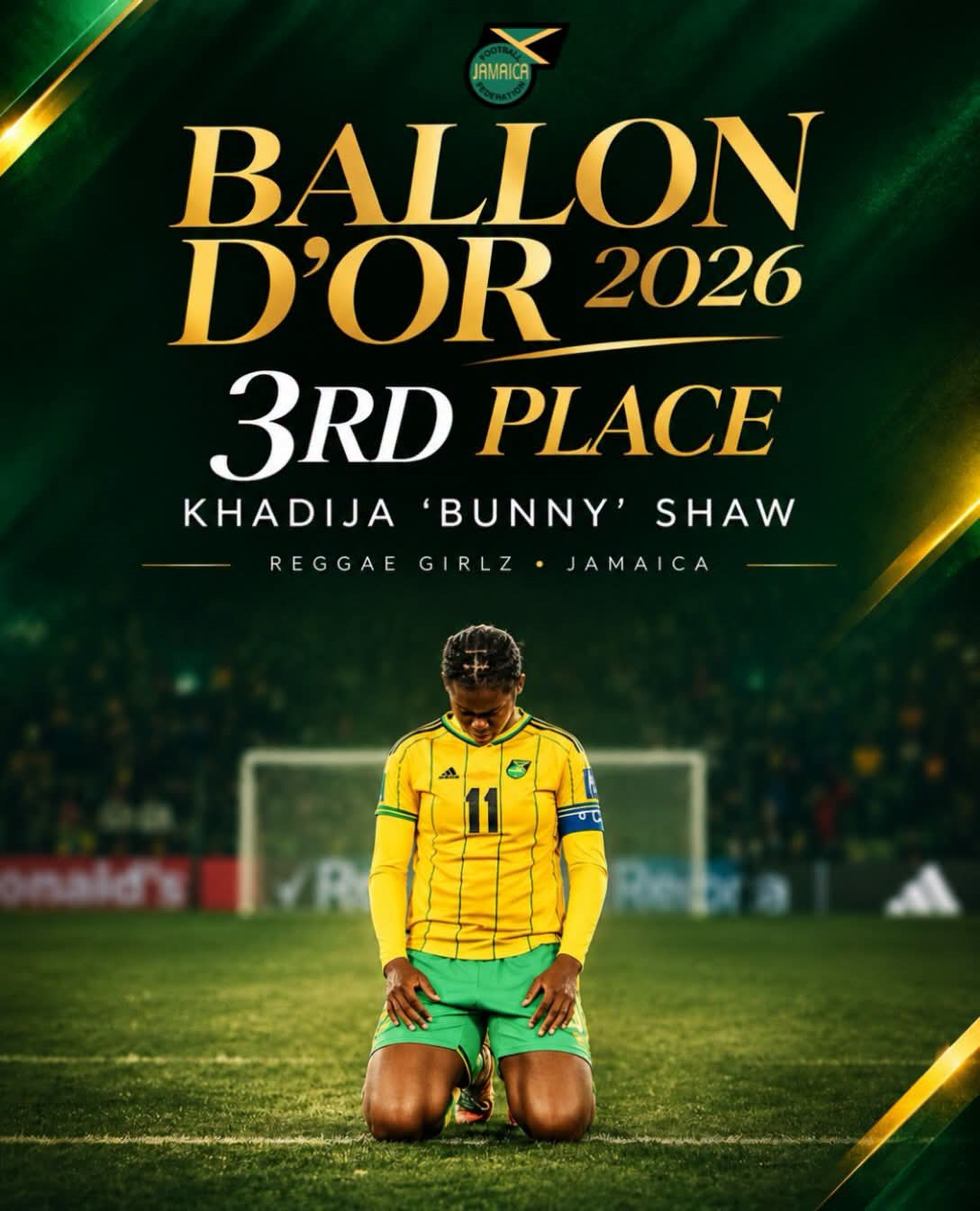 Reggae Girl Khadijah Shaw happy with third place finish in Women's Ballon D' or race