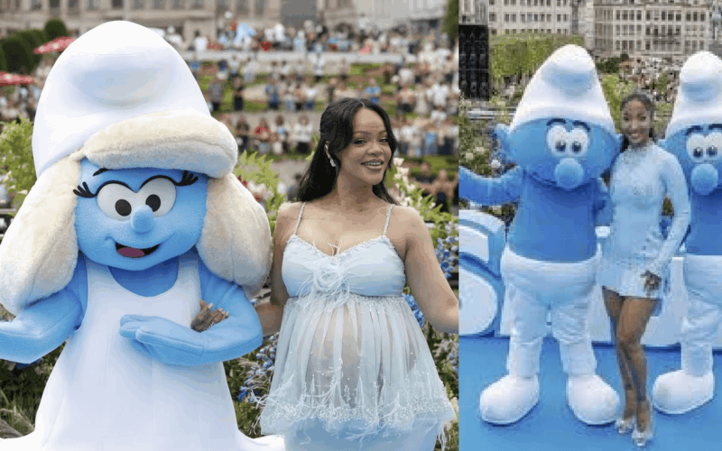 Rihanna & Shenseea rock blue carpet at Smurfs premiere