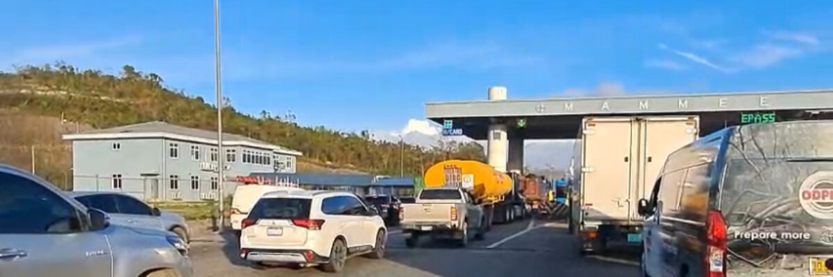 Traffic build up at Mammee Bay toll plaza after Toll Authority resumed collection of fees