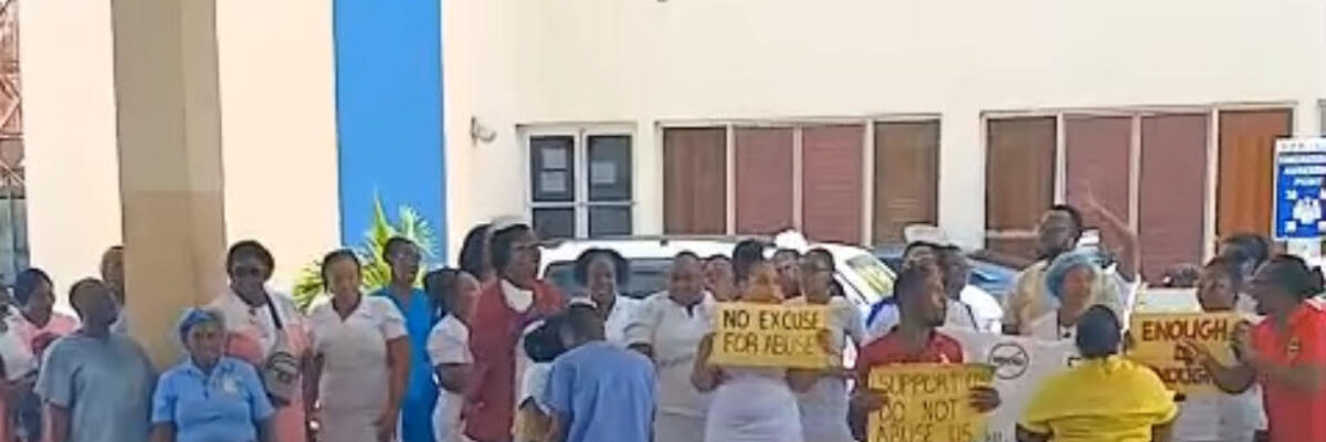 Healthcare workers at Victoria Jubilee Hospital staged peaceful protest this morning calling for end to violence against women