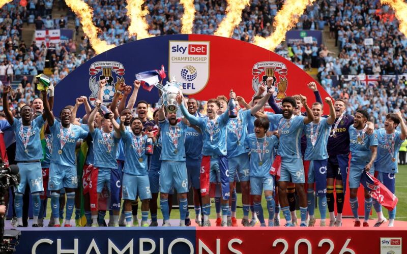 Coventry with Jamaicans Reggae Boys  Ephron Mason-Clarke and Joel Lattibeaudere celebrates Championship title