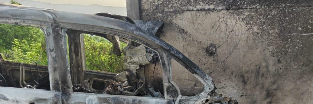 Charred remains of two unidentified individuals pulled from crash motorcar along PJ Patterson Highway early this morning